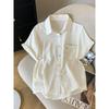 Korean Fashion Commuter Ol Loose Lapel Single-Breasted White Design Embroidered Shoulder Short Sleeve Shirts Top Women