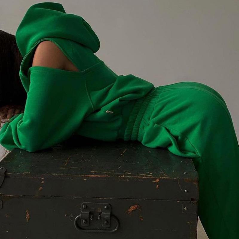 2026 Women's European & American Fashion Solid Color Two-Piece Set: Hooded Cropped Sweatshirt & Joggers