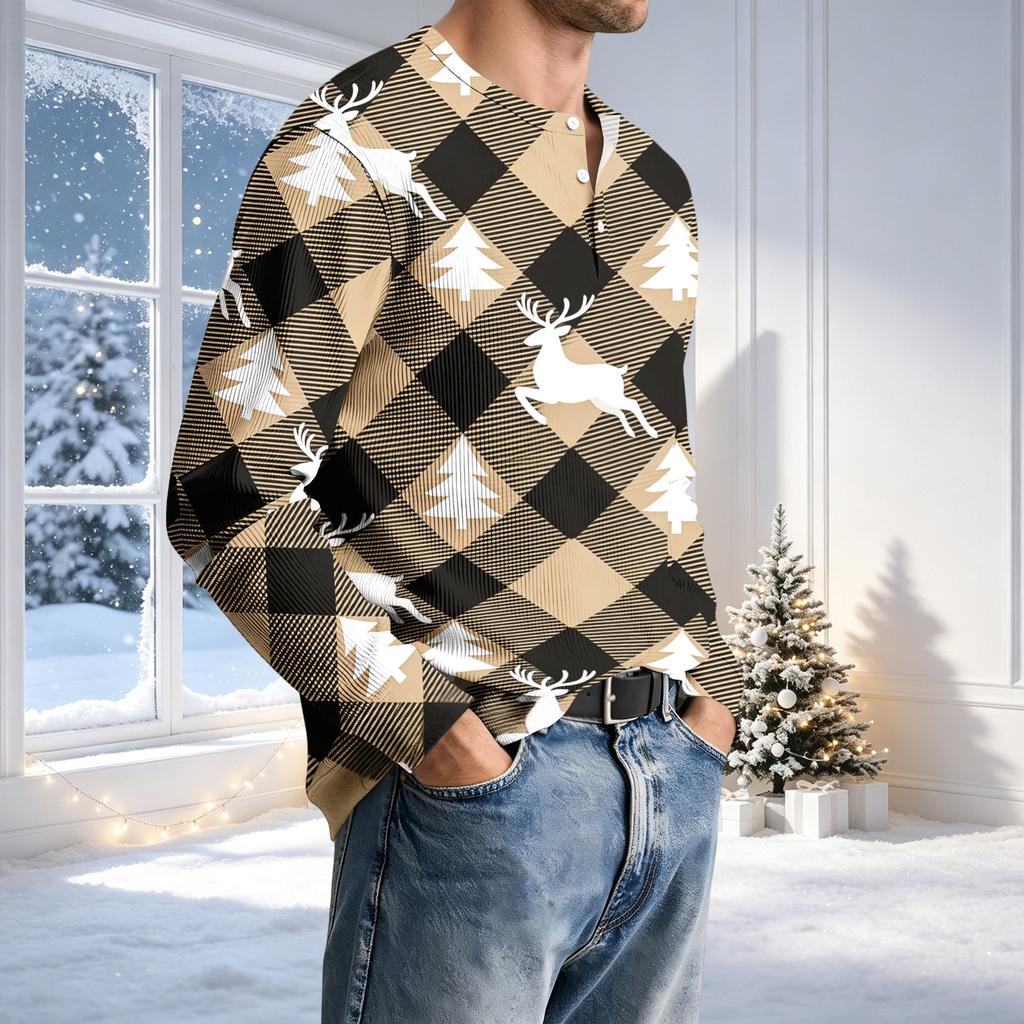 Herren Casual Rundhals Langarm T-Shirt mit Rippstruktur Weihnachtsdruck