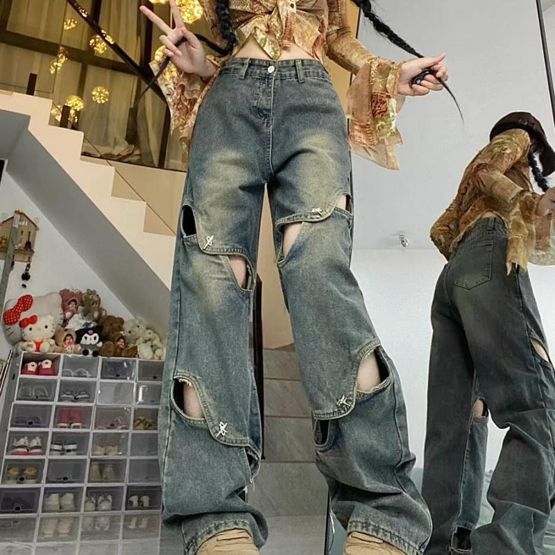 Amerykański styl uliczny, wysoki stan, uniwersalne, podarte dżinsy dla kobiet, letnie długie spodnie, proste, szerokie nogawki