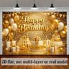 2D Gold Happy Birthday Backdrop Banner Glitter Balloon Cake Party Background Decor