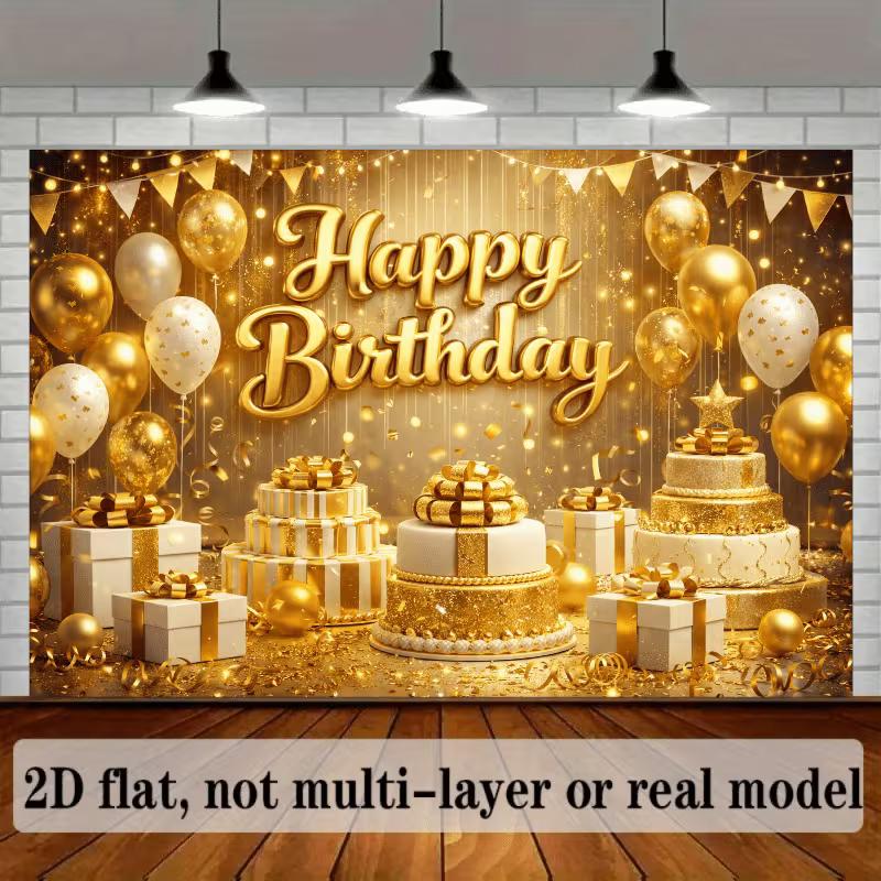 2D Gold Happy Birthday Backdrop Banner Glitter Balloon Cake Party Background Decor