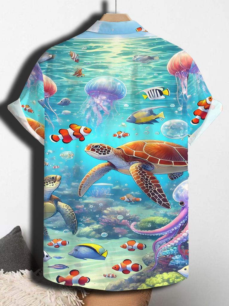 Hawaiianischer Strandstil Unterwasserwelt Element Print Herren Kurzarmhemd - Leichtes und Atmungsaktives Gewebe, Maschinenwaschbar, Geeignet für den Strand