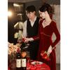 (Clear Goods) Burgundy Bridal Toast Engagement Dress Velvet Heavy Industry Wedding Dress Long Skirt