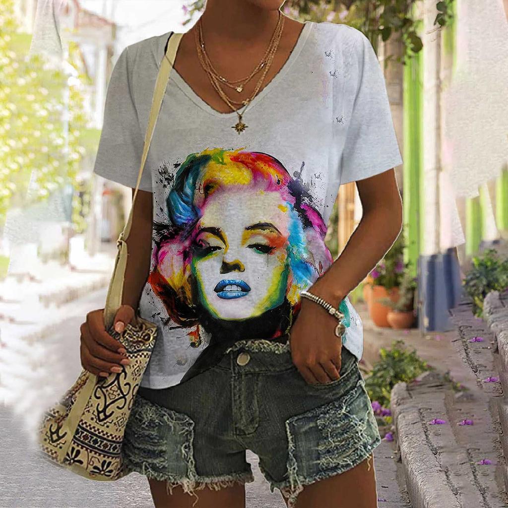 3D Painting Face Women's T-shirt Basic Harajuku Tops Summer Casual Short Sleeve V-Neck Loose Streetwear Female Fashion Pullover