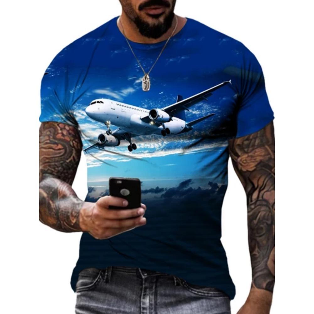 Simple Fashionable Airplane Graphic 3d Printed T-shirts Men Summer Loose Comfortable Plus Size Short Sleeved T-shirts