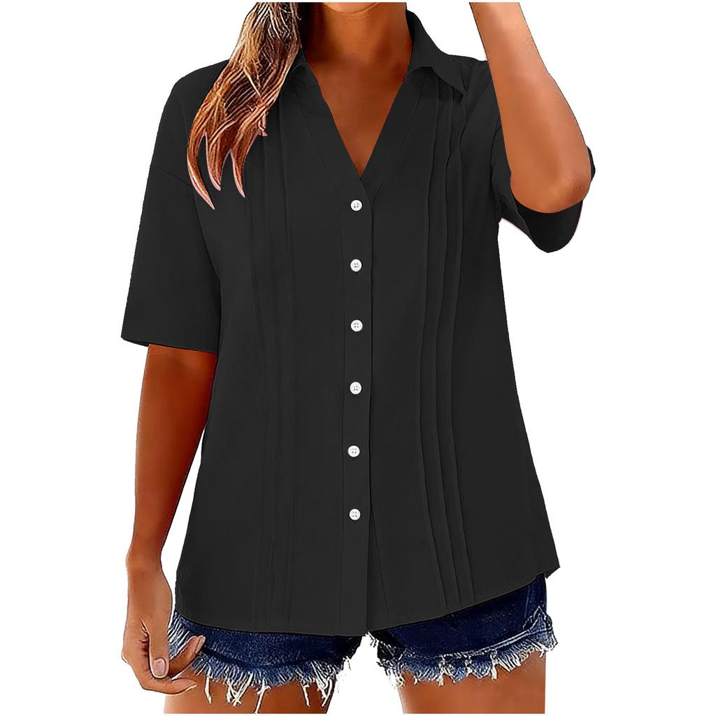 Women's Fashion -Color Cotton-Linen Collared Shirt: Short-Sleeve Button-Down Pleated Top