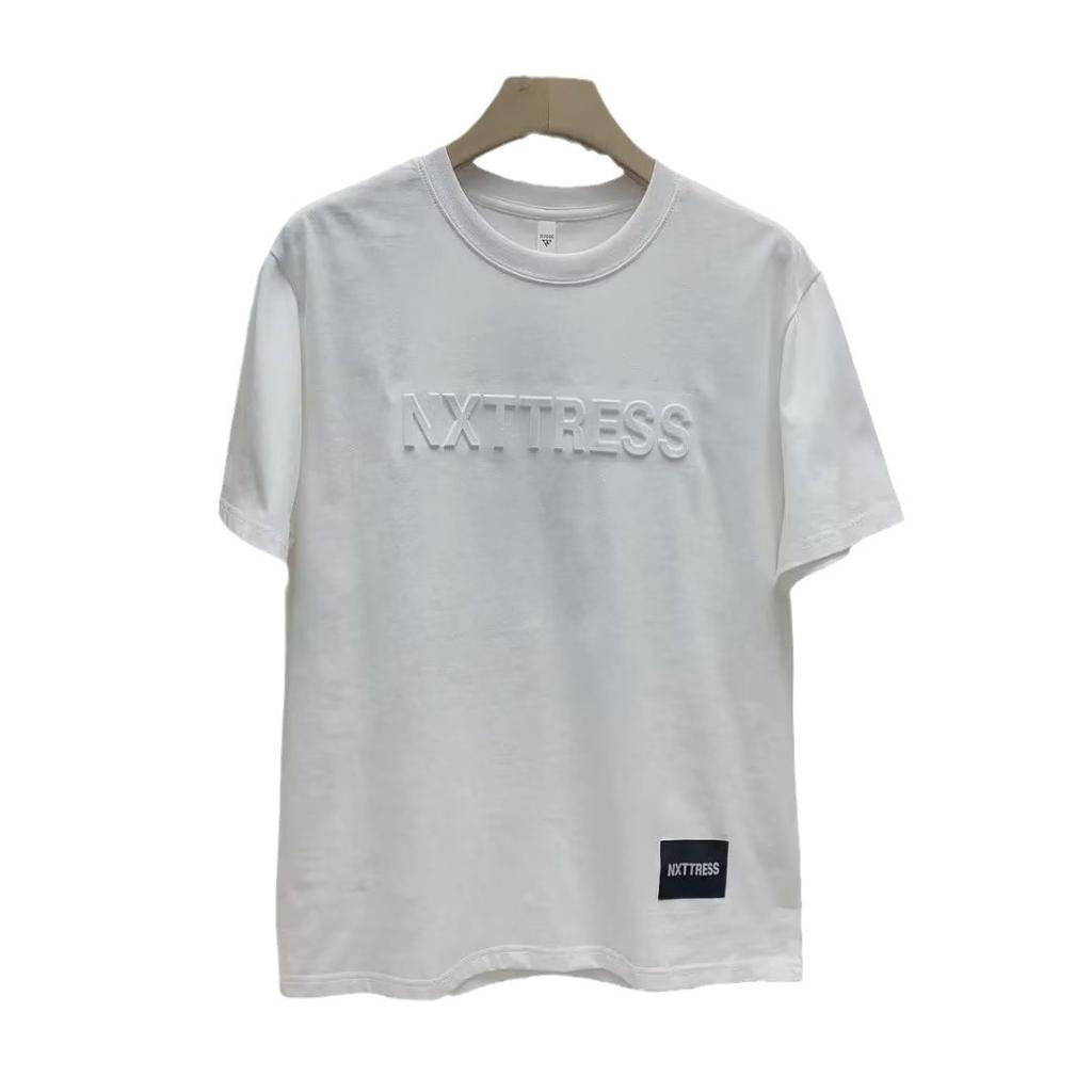 European 3D Pure Cotton Three-Dimensional Letter Short-Sleeved Textured T-Shirt Men'S Top Handsome Loose Bottoming Shirt Steel Stamp Trend Half