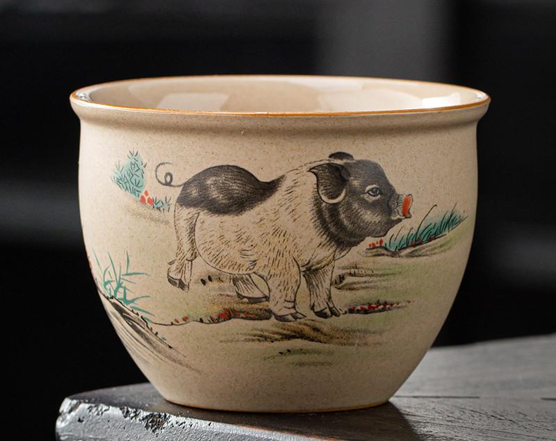 1 Pc Chinese Vintage Coarse Pottery Tea Cup Handmade Zodiac Ceramic Tea Bowl Household Teaware Personal Master Teacup 150ml