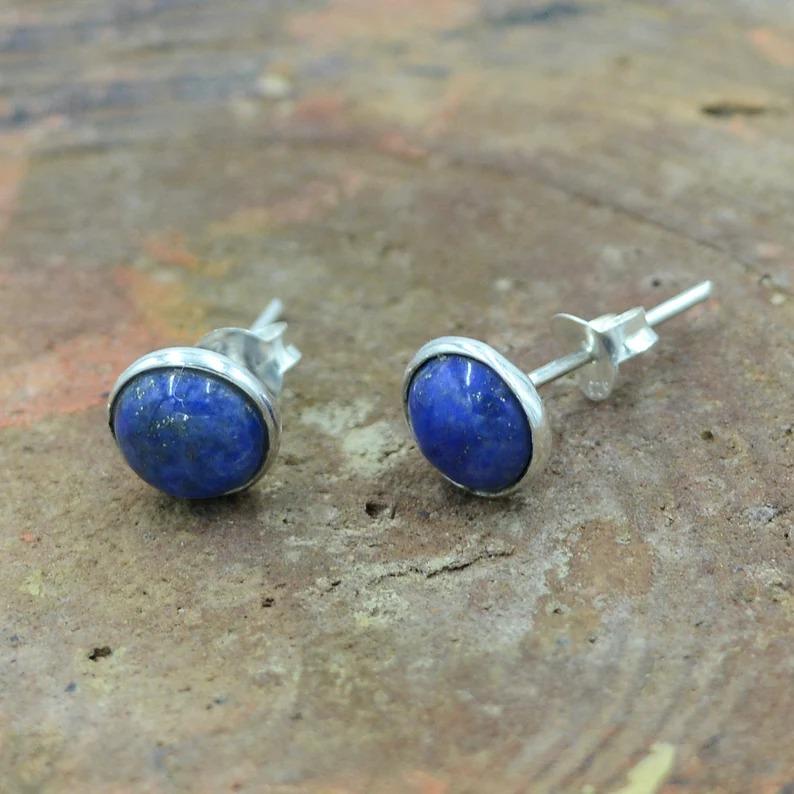 Lapis Lazuli Round Stud Earring, Gift For Her, 925 Silver Stud, Silver Jewelry, Birthday Gift, Handmade Jewelry