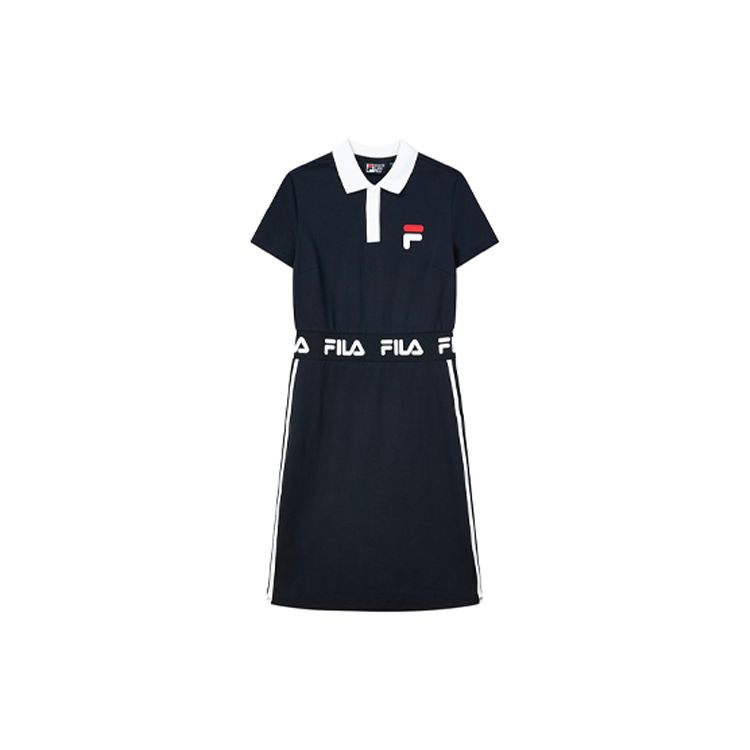 Fila Logo Print Waist-Defining Sports Fashion Casual Short Sleeve Dress Women Dresses Legendary-Blue F11W138304F-NV