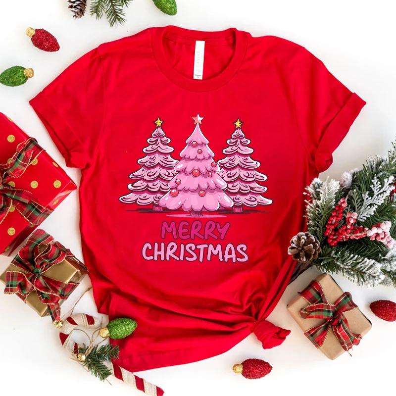 Frohe Weihnachten Baum Briefdruck Kurzarm T-Shirts Damen Rundhals T-Shirts Sommer Bequem Weich T-Shirts Oberteile Größe XXS-4XL