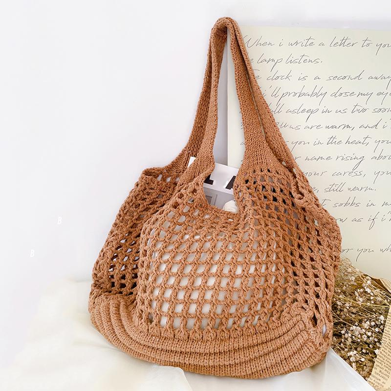 

Новая большая вместительная наплечная комбинированная сумка плетеная пляжная отпускная женская вязаная ажурная сумка-тоут 36x2x32cm коричневый