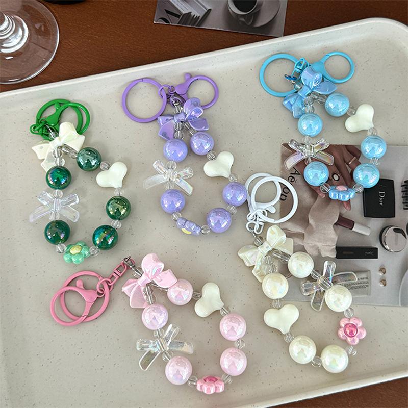 Cartoon Bow Heart Beaded Phone Chain Colorful Keychain Pendant For Women Girls Versatile Backpack Decoration Accessories Gifts