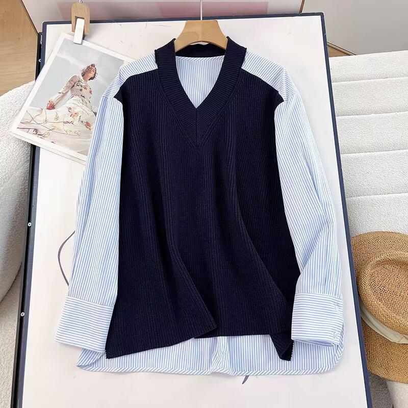 

Женский трикотажный свитер с V-образным вырезом в стиле деконструкции и пэчворк Small