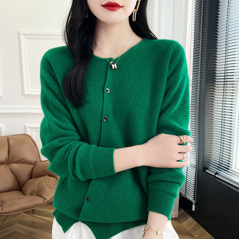 Autumn/Winter Wool Round Neck Asymmetrical Button Cardigan - Women's Loose Solid Color Cashmere Knitwear
