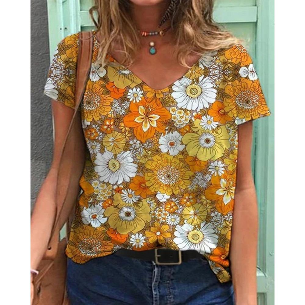 Summer Flower T-Shirts Floral 3D Print Women V-Neck Short Sleeve T Shirt Y2k Harajuku Oversized Tees Tops Female Street Clothing