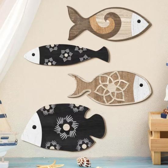 4 Pcs Rustic Fish Wall Art Wooden Fish Wall Hanging Decor Nautical Beach Wall Sculpture for Coastal Ocean Bathroom Home Decor