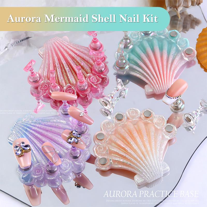1Set Mermaid Shells Laser Aurora Ice Penetration Magnetic Nail Holder False Tips Practice Stand Nail Art Display Salon Diy Tools