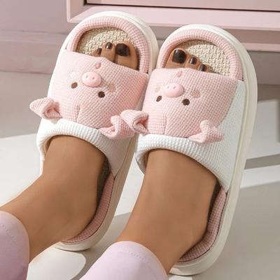 Fashion Linen Platform Slippers Women Home Cute Animal Cartoon Designer Shoes Girls Flats Fashion House Casual Footwear Elegant Big Size