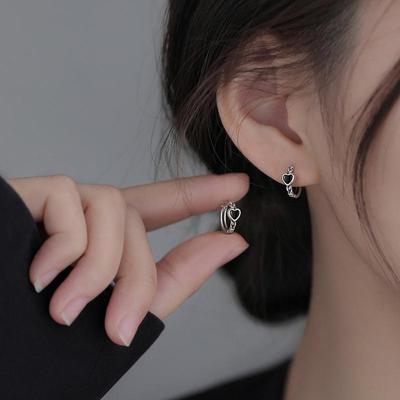 Sterling Silver Black Heart Hoop Earrings - Women's 2022 Trendy Niche Design Summer Jewelry
