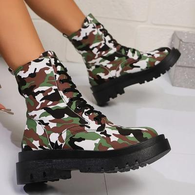 2024 Winter Women's Shoes Mid-calf Women's Boots Fashionable Color Matching Modern Lace-up Boots Women's Brand Fashion Boots