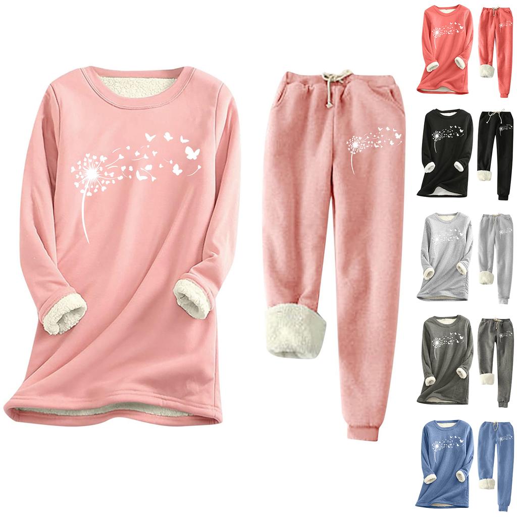 Women's Print Round Neck Warm Suit Long Sleeve Fleece Drawstring Sweatpants Two-Piece Set