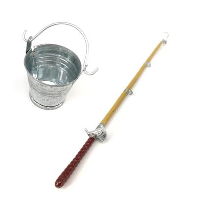 2Pcs/Set 1:12 Dollhouse Miniature Metal Fishing Rod Model + Water Bucket