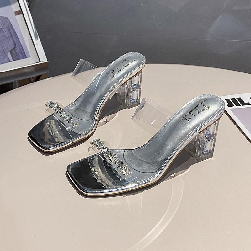 Cool Slippers for Women New Thick Heels Rhinestone Fairy Style Paired with A Skirt Crystal Transparent Middle Heel Slippers