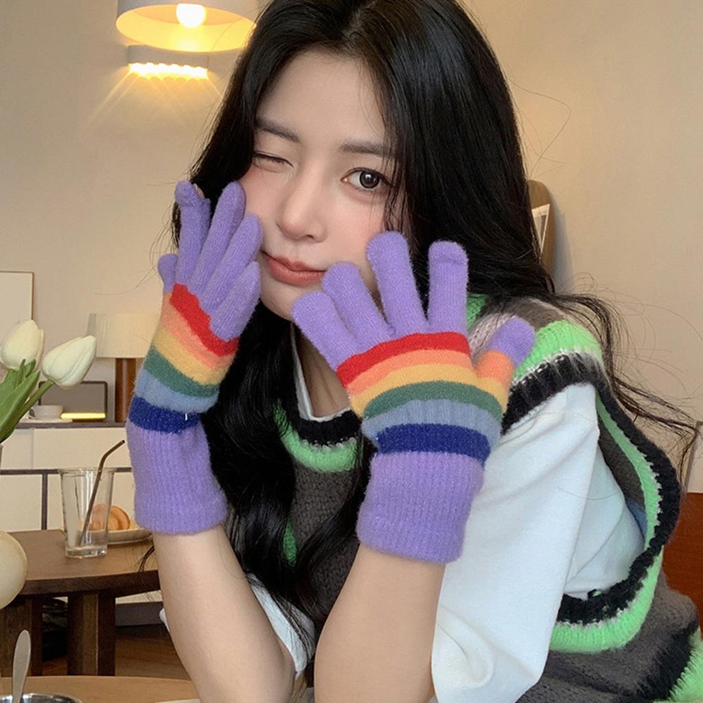 Girls 2 Finger Exposed Gloves Full Finger Warm Mittens with Striped Pattern Knitted Mittens for Women Winter Supplies