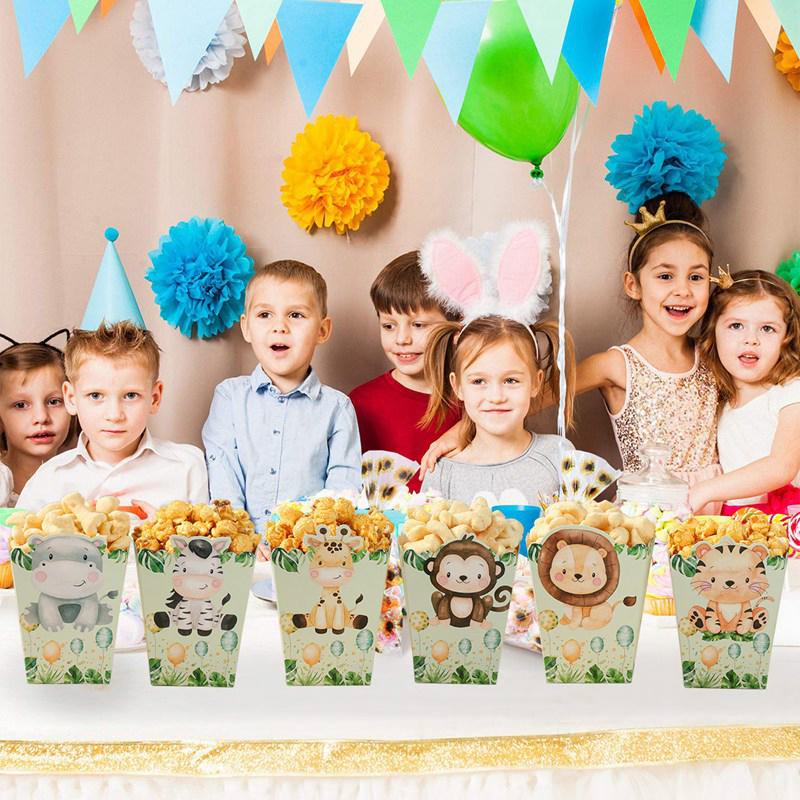 6 Stück Dschungel-Themen Popcornbox Becher Dschungel Geburtstagsparty Dekoration Kinder Junge Safari Geburtstag Hochzeitsfeier Zubehör Babyparty