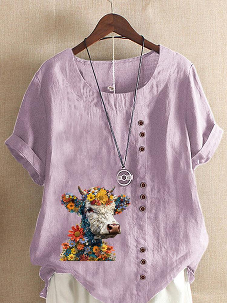 Women's Fashion Buffalo Print Round Neck Short Sleeve T-shirt Casual Cotton Linen Graphic Shirt Leisure Loose Summer Blouse Tops