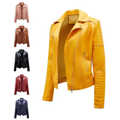 Spring and Autumn Short Leather Jacket for Women, Slim Fit, Lapel Motorcycle Jacket, Oblique Zipper Jacket for Women