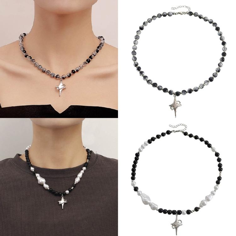 Vintage Beaded Crossed Star Necklace for Women Fashion Aesthetic Y2k Jewelry