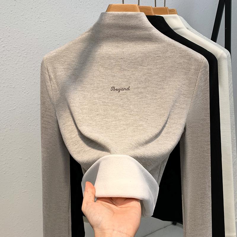 Damen Rollkragen-Basisshirt aus deutschem Samt Neu Damen einfarbig Buchstaben Langarm-T-Shirt Thermisches Unterhemd Taillen-Top