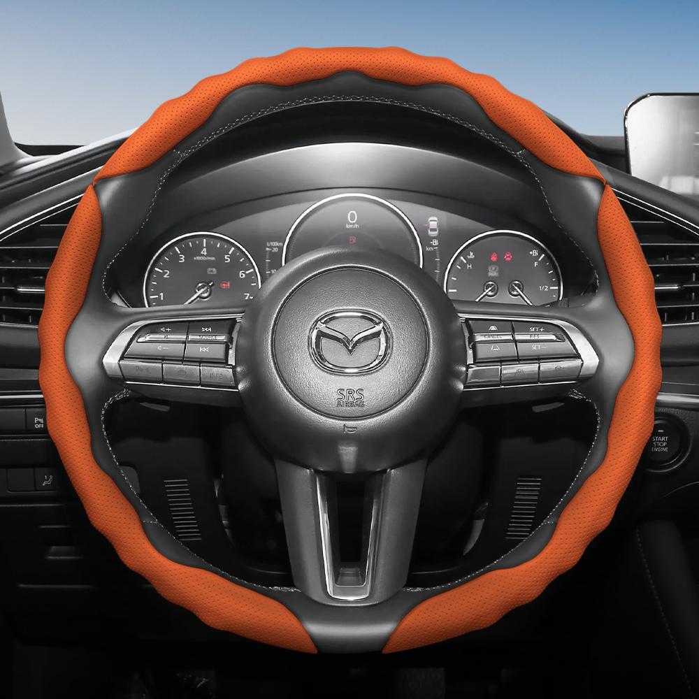 zkfan8 Suitable for Mazda Steering Wheel Cover with Wavy Sports Design, Breathable Leather, Segmented Anti-Slip, Sweat-Absorbing Protective Cover,