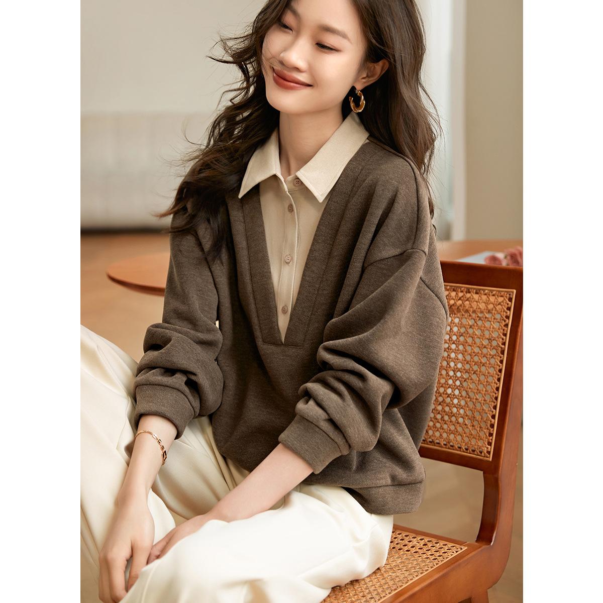 

Рубашка воротник поддельные два свитера новый осенний утолщенный теплый твил полированный топ женский 2XL