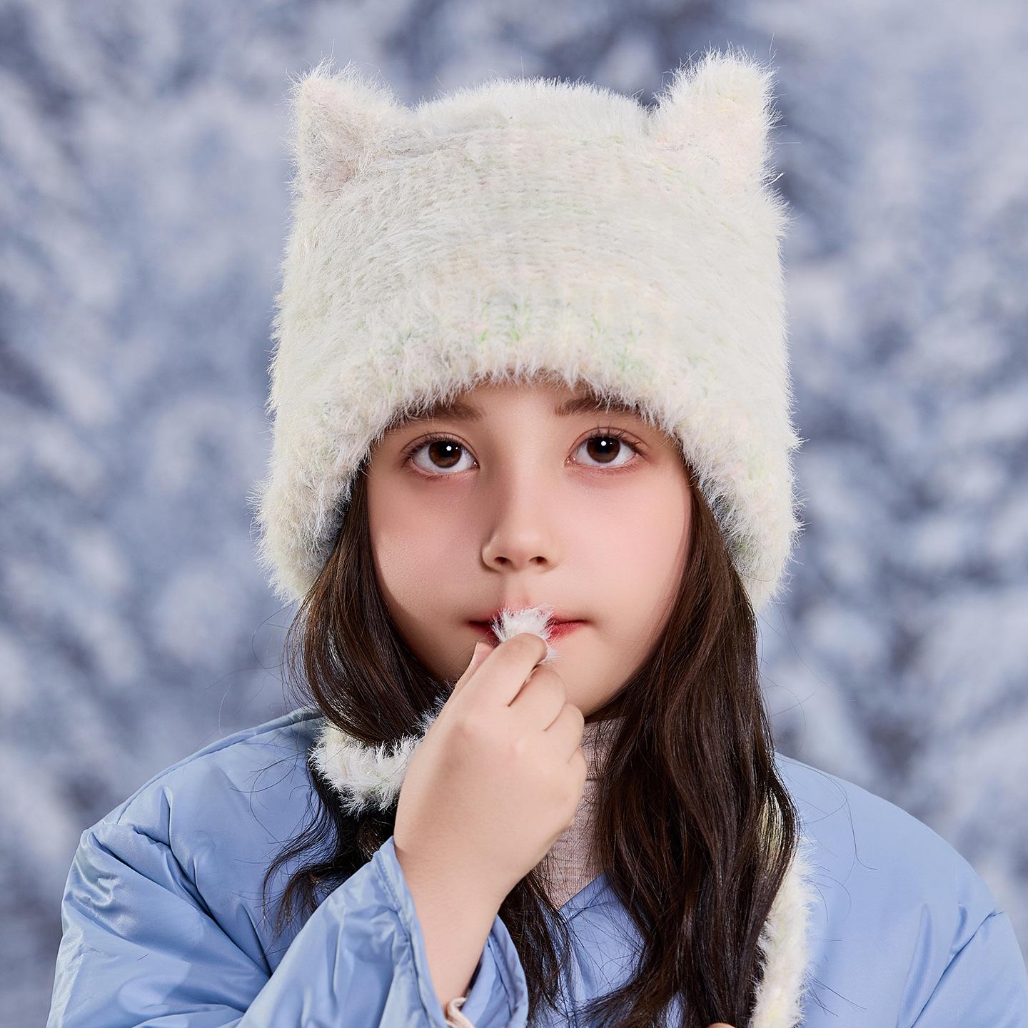 

Очаровательная плюшевая шапка с кошачьими ушками для девочек - Теплая, вязаная, с защитой ушей, ветрозащитная и холодостойкая для осени и зимы. One Size белый