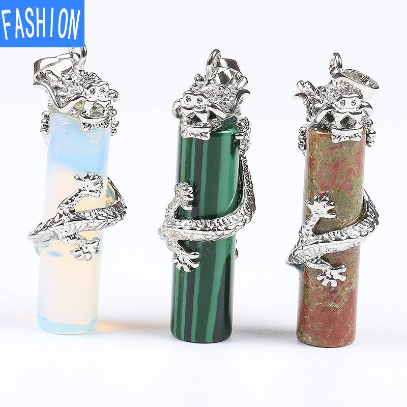 Klassisk naturstein halskjede anheng Tribal Totem Dragon svingete Crystal Column for menn og kvinner