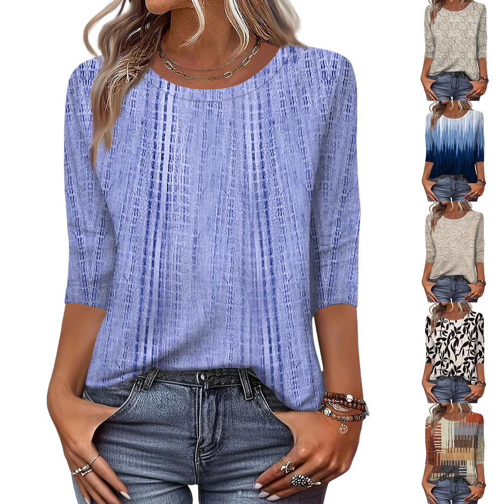 Women's Fashion Casual Three-Quarter Sleeve Floral Print Round Neck Top