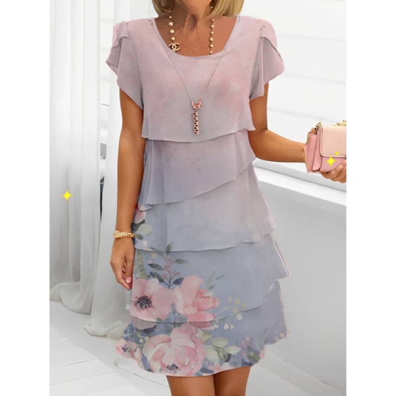 Polyester Short Sleeve Floral Print Dress With Digital Printing For Casual Spring Wear