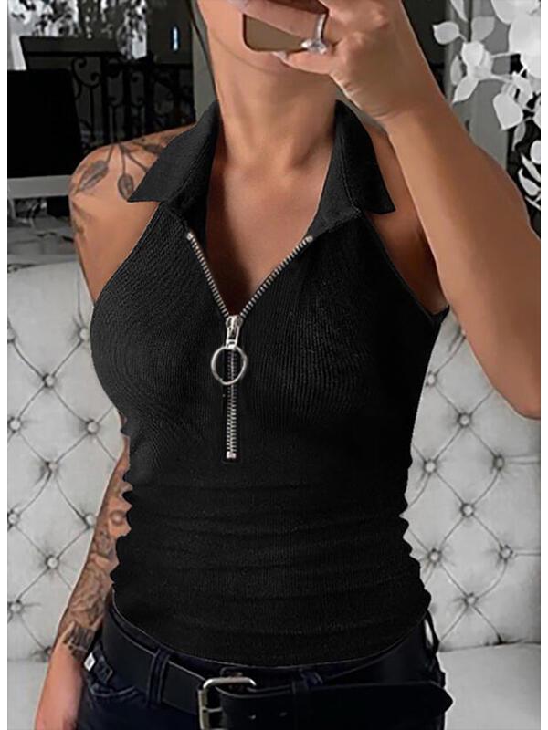 2024 Women's Fashion Casual Solid Color Ribbed Zip-Up Vest T-Shirt with Turn-Down Collar for Spring/Summer
