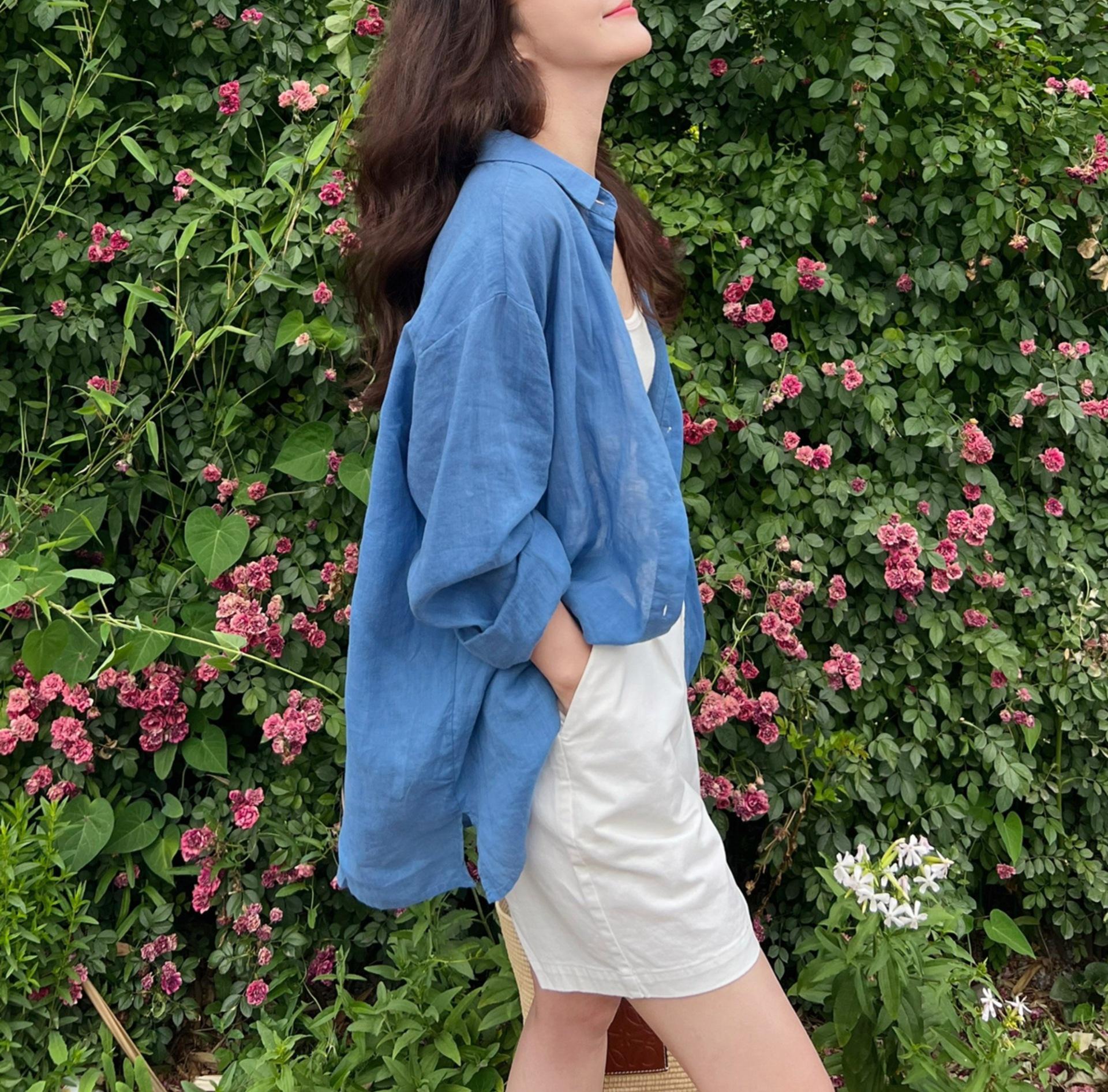 

Женская голубая французская рубашка свободного кроя с защитой от солнца - Легкая смесь рами и хлопка-льна XL