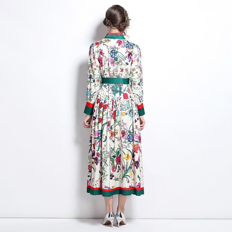 Spring Autumn Women Stand Collar Vintage Palace Print Designer Runway Dress Single Breasted Long Maxi Oversize Loose Party Lace-up Dresses