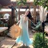 French Dopamine Fairy Seaside Vacation Blue Gradual Change Suspender Dress Female Flower Lace-up Long Dress