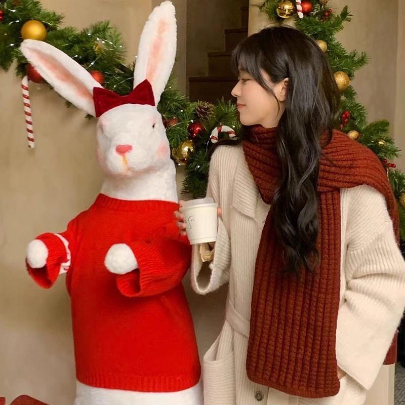 Winter Women's Versatile Korean Style Knitted Wool Red Scarf High-end Christmas Gift Couple Neck Warmer