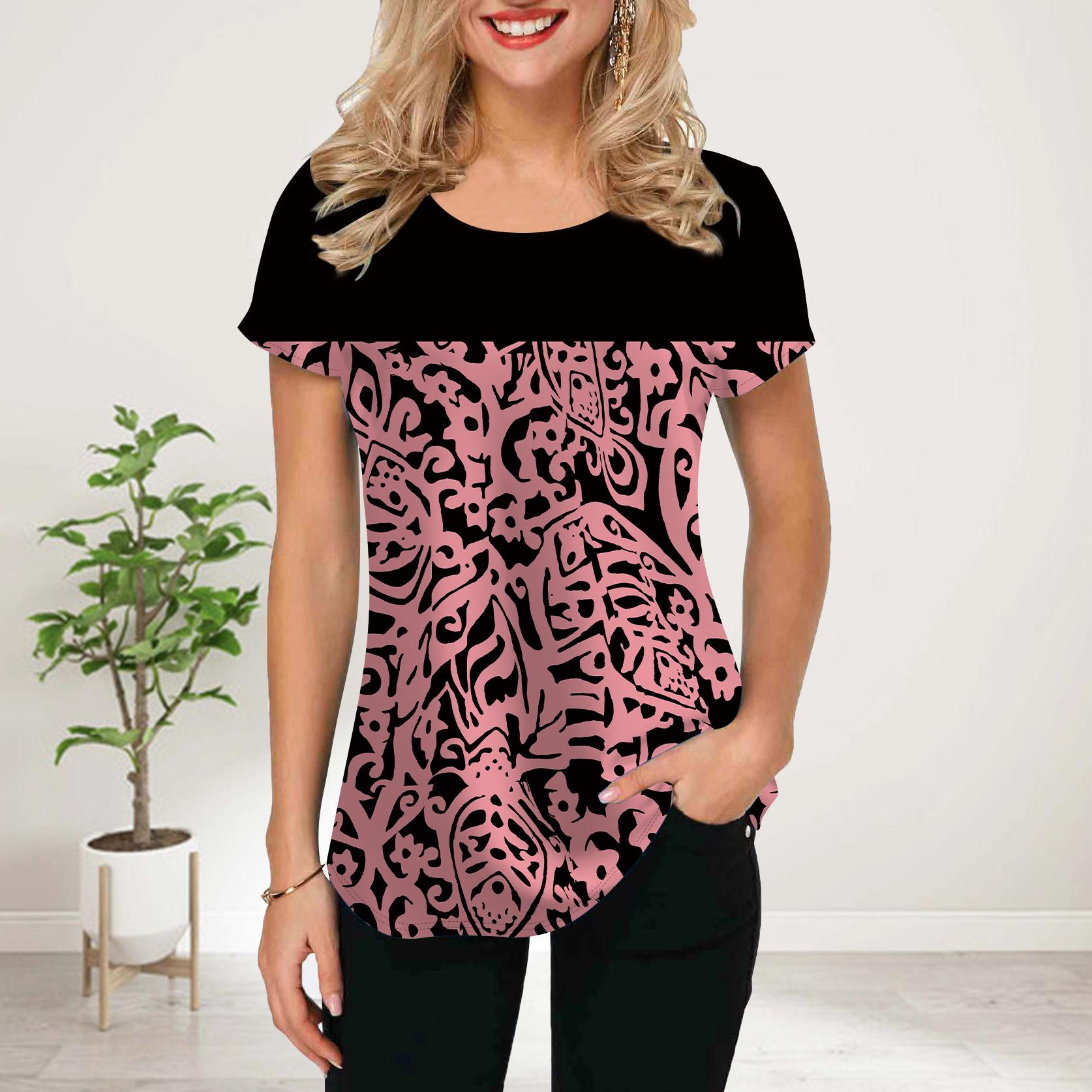 

Женская летняя футболка с синим принтом в виде цветка, футболки с коротким рукавом, повседневные топы с принтом 8XL розовый