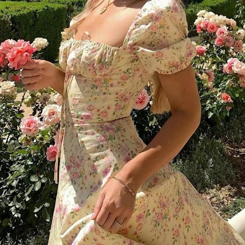 Summer Woman's Retro Elegent Suquare Neck Puff Sleeve Floral Print Maxi Dress Partywear SweetClub Dress