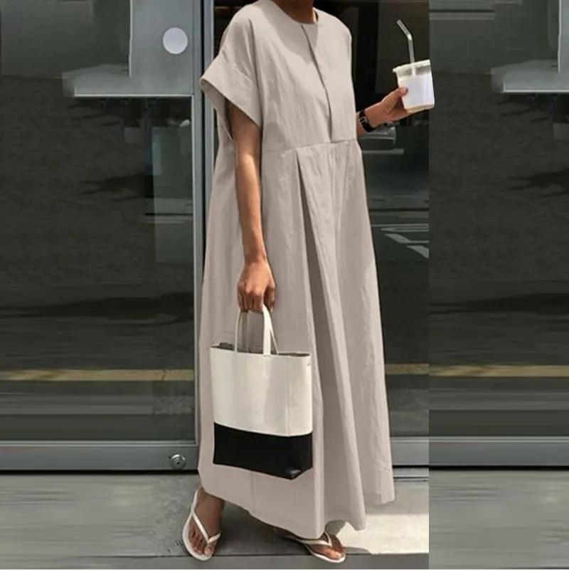 Cotton Linen Casual Long Dress With Round Neck And Short Sleeves For Summer Wear