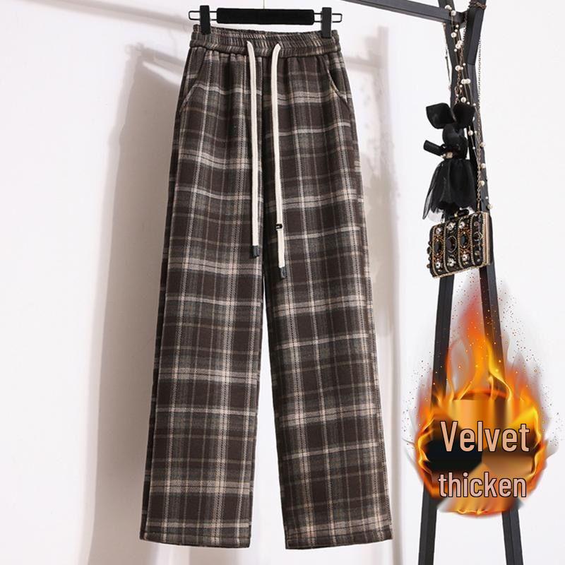 Plus Size High-Waisted Plaid Wide-Leg Pants: Fleece-Lined or Unlined, Autumn/Winter Edition